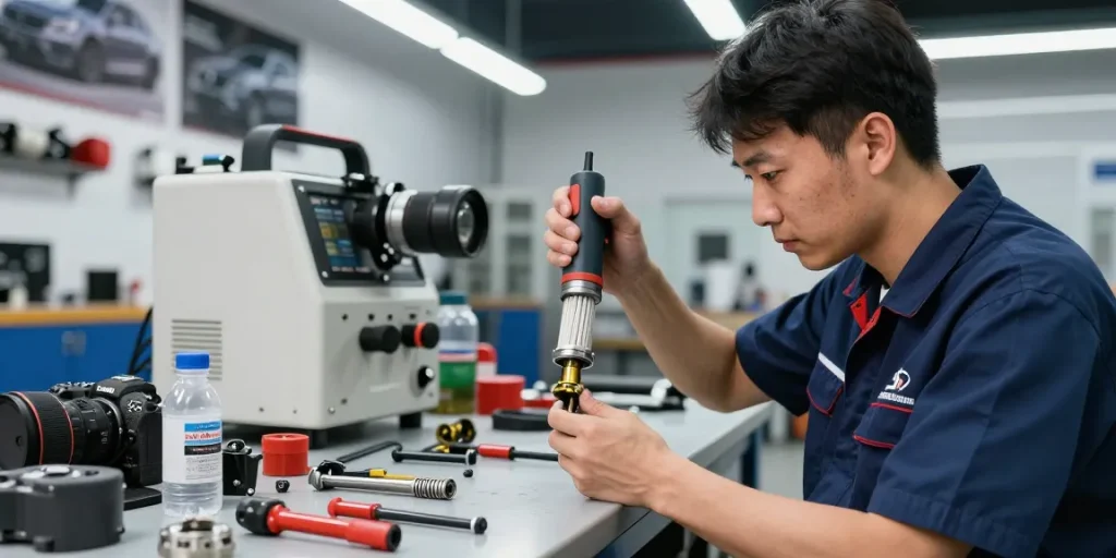 DPF Reinigung Hannover in einer Autowerkstatt mit einem Techniker, der einen Dieselpartikelfilter untersucht.