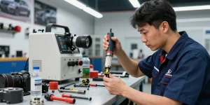DPF Reinigung Hannover in einer Autowerkstatt mit einem Techniker, der einen Dieselpartikelfilter untersucht.