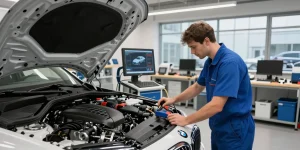 Expertentechniker, der BMW Service Hannover in einer hochmodernen Autowerkstatt anbietet.