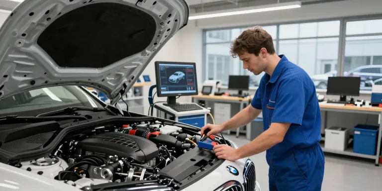 Expertentechniker, der BMW Service Hannover in einer hochmodernen Autowerkstatt anbietet.