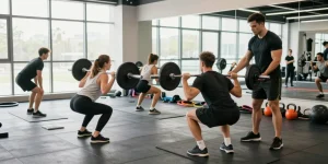 Aktive Trainingsszene im Selliza Shop Fitnessstudio mit engagierten Sportlern beim Gewichtheben und Personal Training