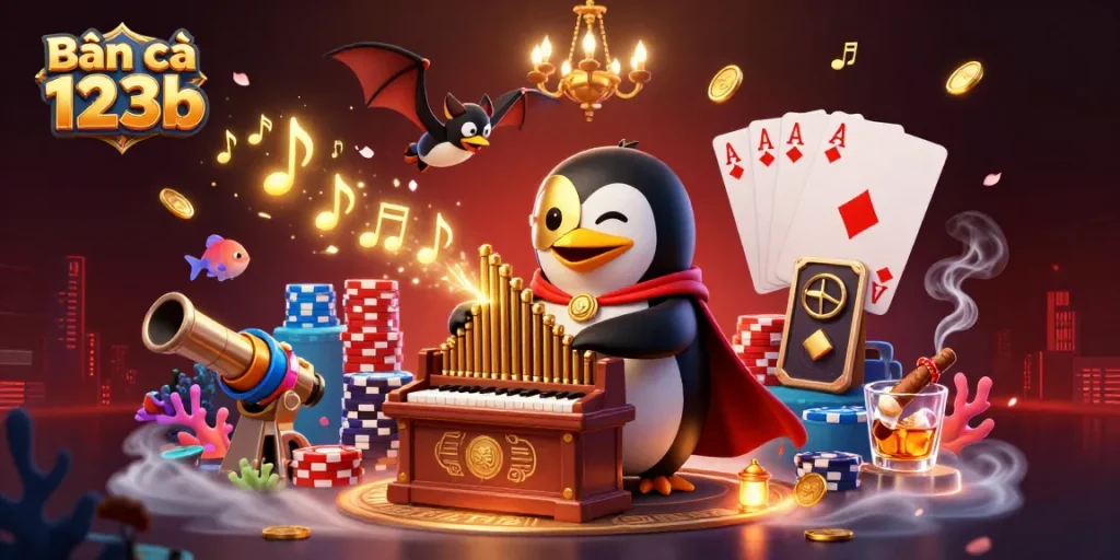 Bắn cá 123b features an ultra-detailed fish shooting scene with a cartoon penguin and acrobatic elements