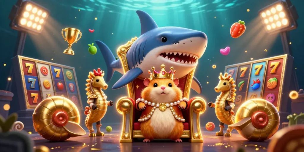 Experience thrilling slots and jackpots at Au88 DM with a fierce hamster king and royal companions.