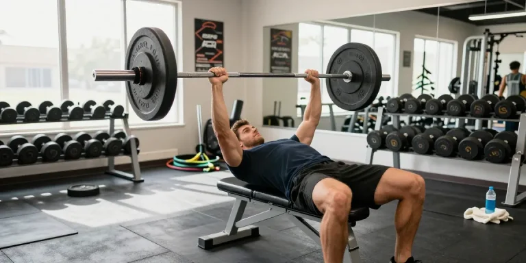 Bodybuilder im Anabolika Shop beim Training mit Langhantel und Gewichten, motivierende Fitnessatmosphäre