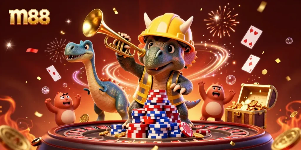 Experience the thrill of m88 gaming with colorful characters celebrating around a vibrant casino scene.