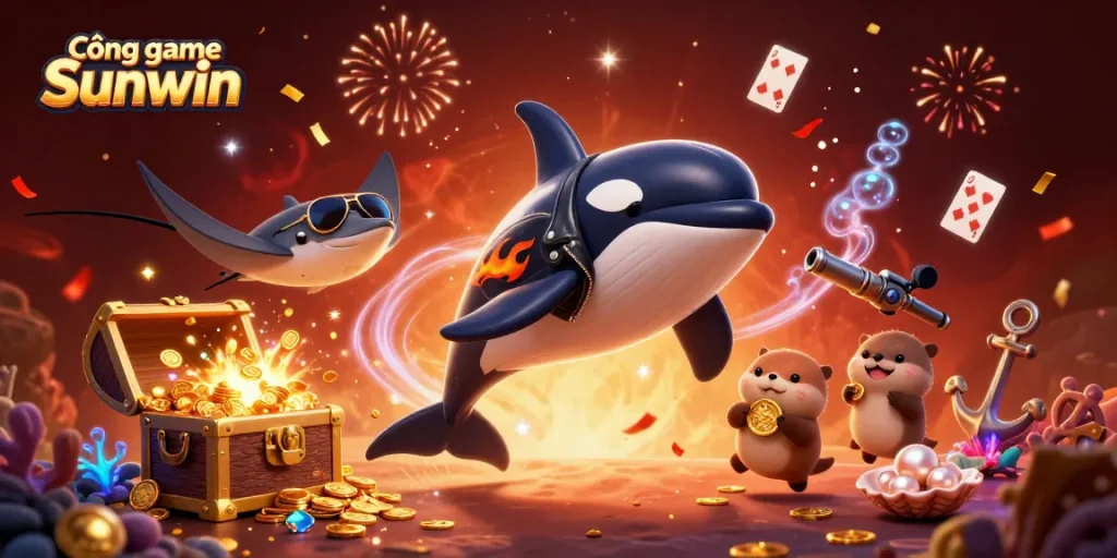 Cổng game Sunwin showcases lively underwater casino action with vibrant characters and treasure elements