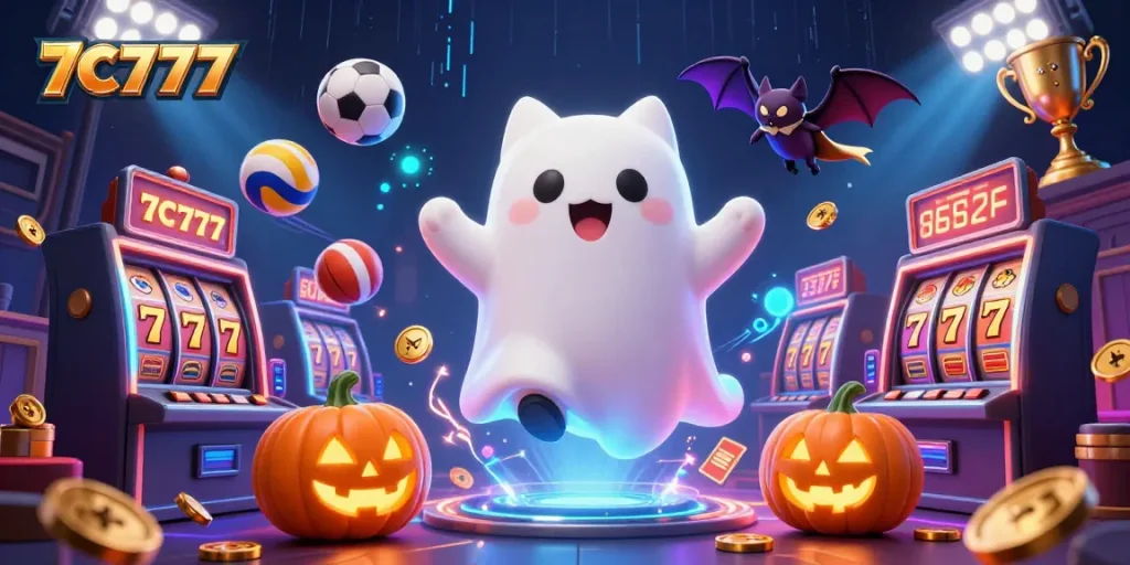 Win big at 7C777 with our vibrant casino scene featuring ghostly fun and slot games.