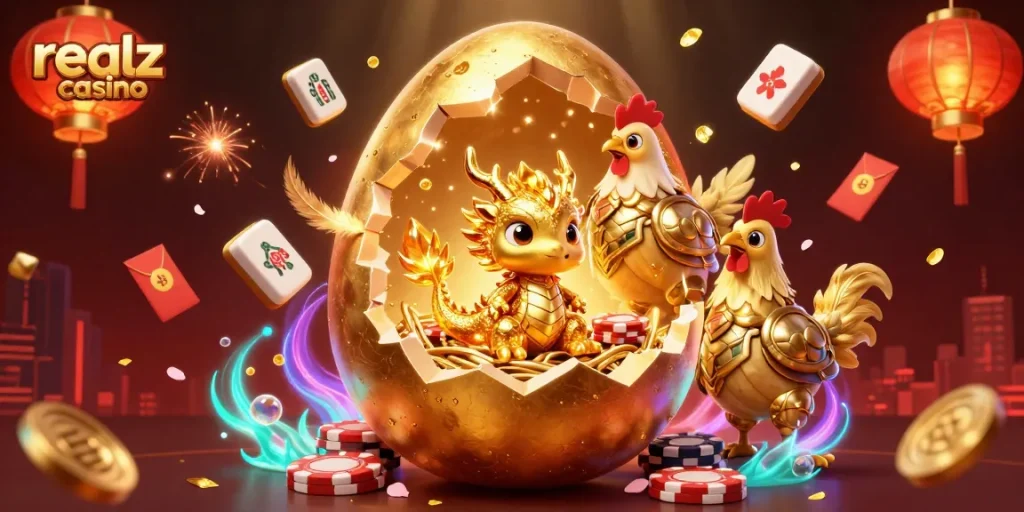 Experience the magic of realz casino with a dragon and poker chips in a vibrant 3D scene.