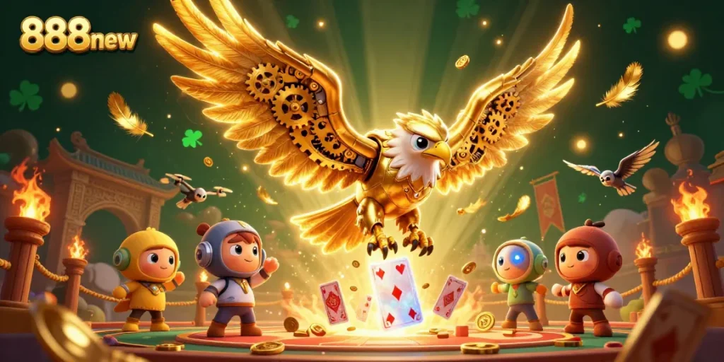 Engage in thrilling wins with 888new, as a golden eagle soars through holographic cards in a vibrant gaming world.