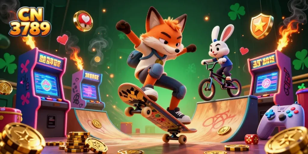 Experience the excitement of gaming with CN 3789 as a skateboard fox performs tricks amidst vibrant casino elements.