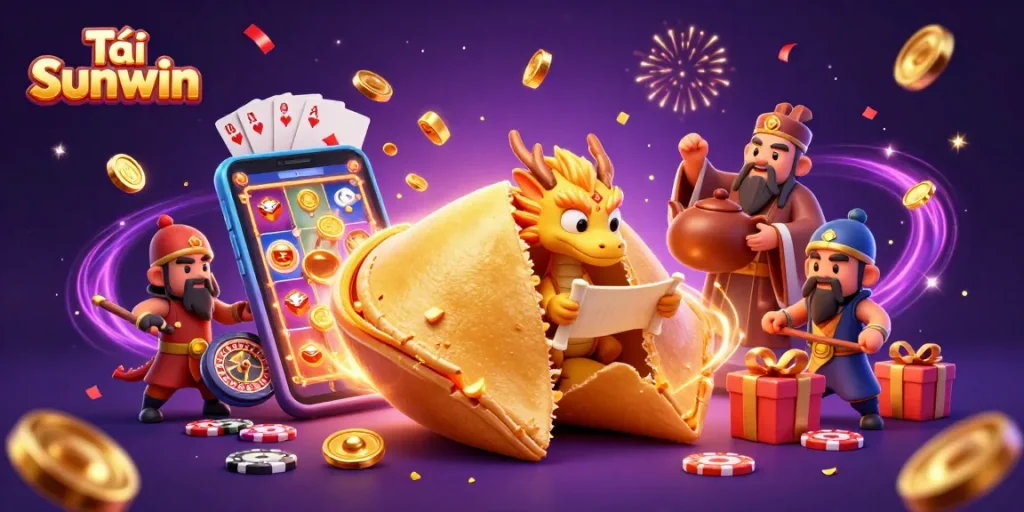 Tải Sunwin and win with the vibrant 3D casino scene featuring fortune cookie and dragon.