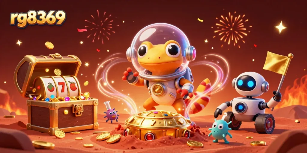 Engage with rg8369's thrilling slots experience amidst a vibrant Martian casino adventure.