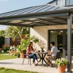 Terrassenüberdachungen in einem einladenden Garten mit einem Paar, das Kaffee genießt.