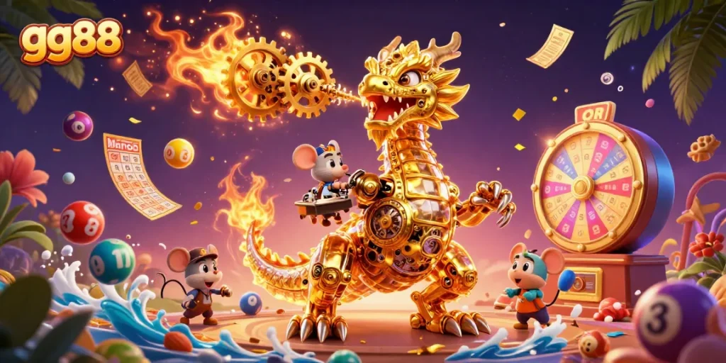 Experience thrilling entertainment with gg88 featuring a golden dragon amidst colorful lottery elements and gaming excitement.