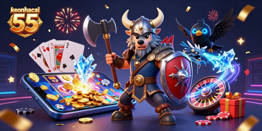 Spin wins with keonhacai 55 as the Viking wolf warrior, dragon, and raven celebrate gaming triumphs!