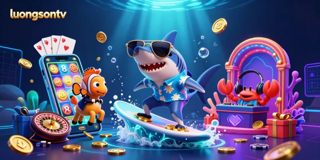 Experience thrilling moments with luongsontv as the hammer-head shark surfs on gold coins amidst vibrant casino elements.