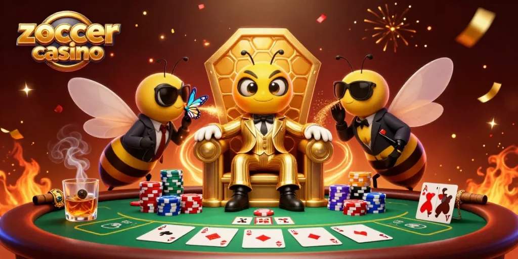 Experience the excitement of zoccer casino with a vibrant illustration featuring a bee mob boss in a lavish poker scene.