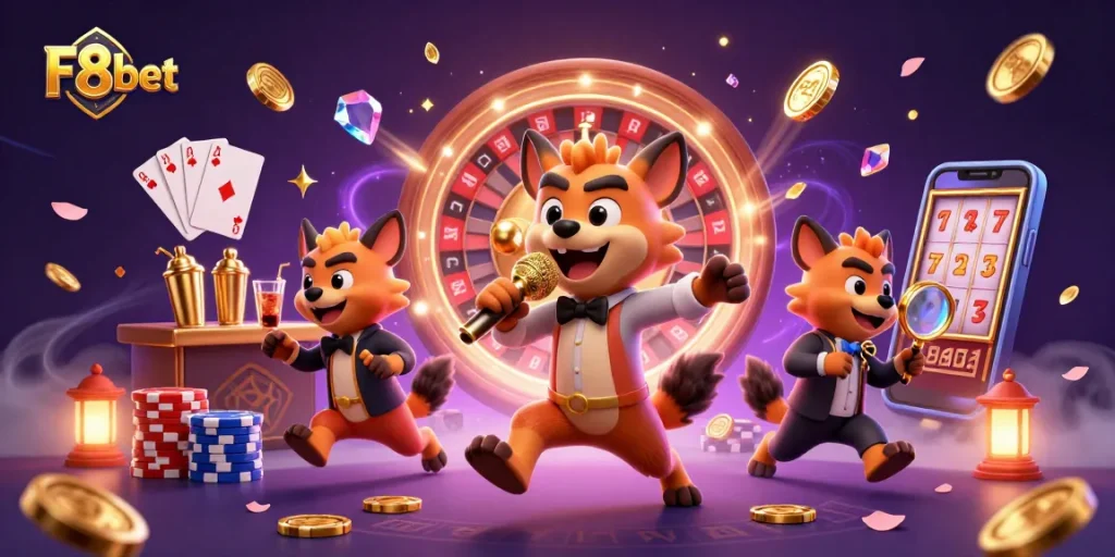 Join the fun at F8bet with hyenas performing at a vibrant comedy casino club in this lively illustration.