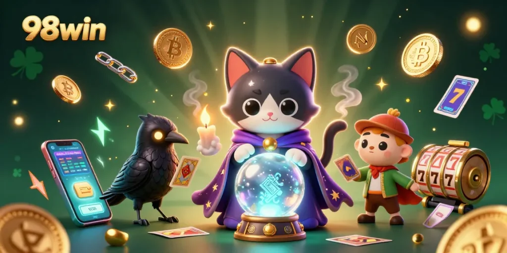 Experience the magic of 98win with a vibrant 3D casino scene showcasing crypto and slot elements.