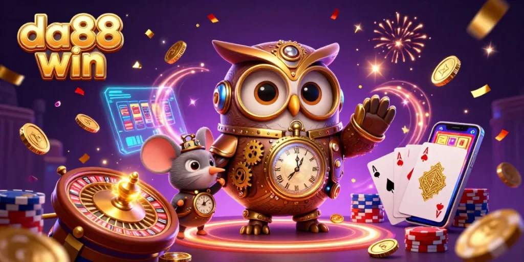 Experience da88 win with a captivating 3D illustration of a time-traveling owl in a vintage casino setting.