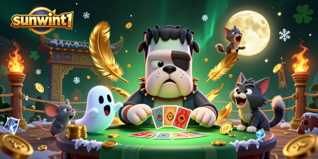 Engage with dynamic gaming action in the sunwint1 casino scene featuring a Frankenstein bulldog monster and a ghost mouse.